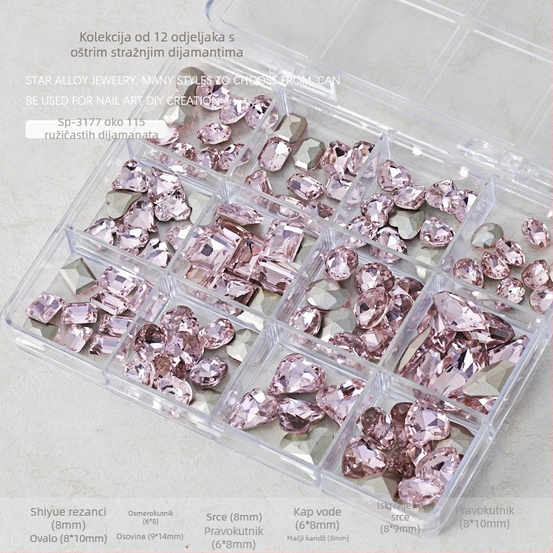 Set rhinestona za nokte – paket sa 12 odjeljaka, oblici: srce, leptir, kvadrat i osmerokut; minimalistički stil; materijal: rhinestones