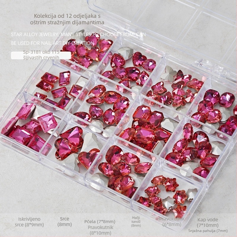 Set rhinestona za nokte – paket sa 12 odjeljaka, oblici: srce, leptir, kvadrat i osmerokut; minimalistički stil; materijal: rhinestones