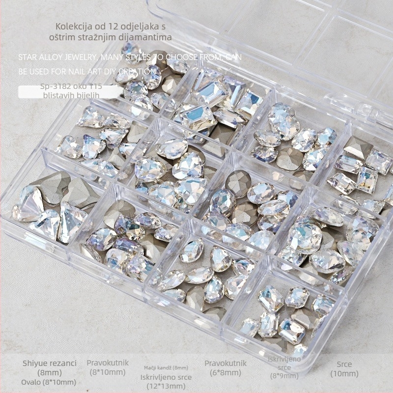 Set rhinestona za nokte – paket sa 12 odjeljaka, oblici: srce, leptir, kvadrat i osmerokut; minimalistički stil; materijal: rhinestones