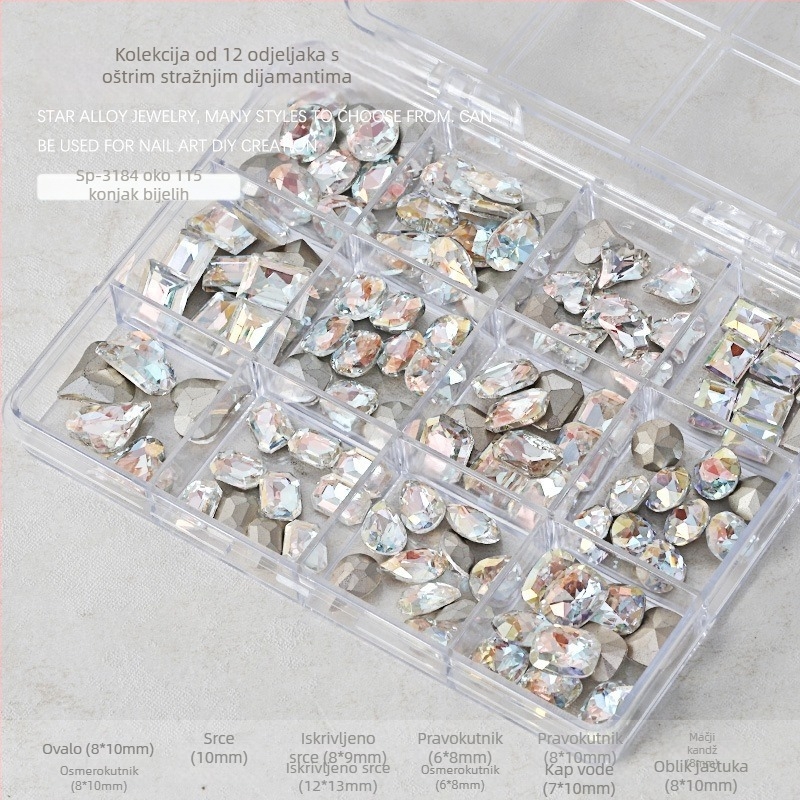 Set rhinestona za nokte – paket sa 12 odjeljaka, oblici: srce, leptir, kvadrat i osmerokut; minimalistički stil; materijal: rhinestones
