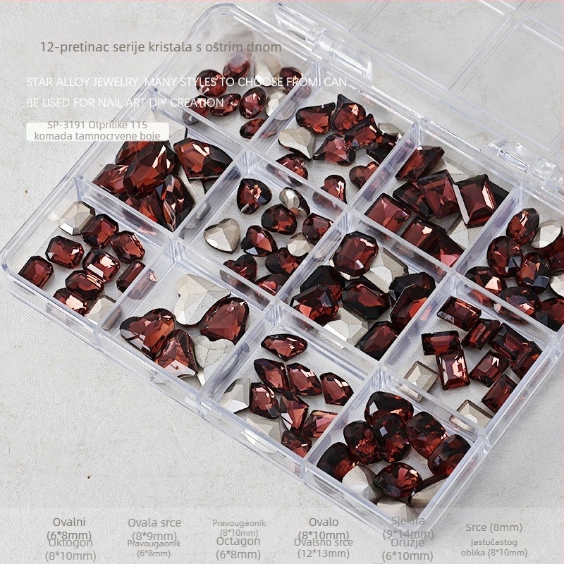 Set rhinestona za nokte – paket sa 12 odjeljaka, oblici: srce, leptir, kvadrat i osmerokut; minimalistički stil; materijal: rhinestones