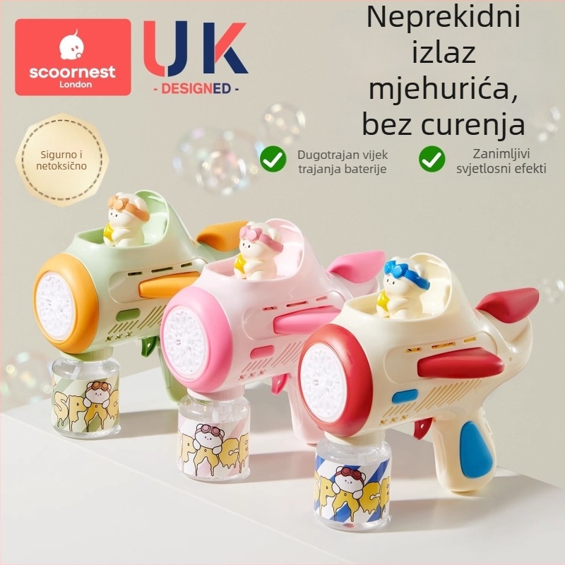Dječja puška za balončiće – potpuno automatska, netoksična, marke KESCOORL; s otopinom za balončiće i koncentratima; baterijsko i punjivo izdanje