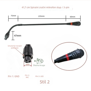 Gooseneck konferencijski mikrofon s trojpinim četverokonduktorskim avionskim priključkom, kabelski, 20Hz-20kHz, SNR ≥70dB