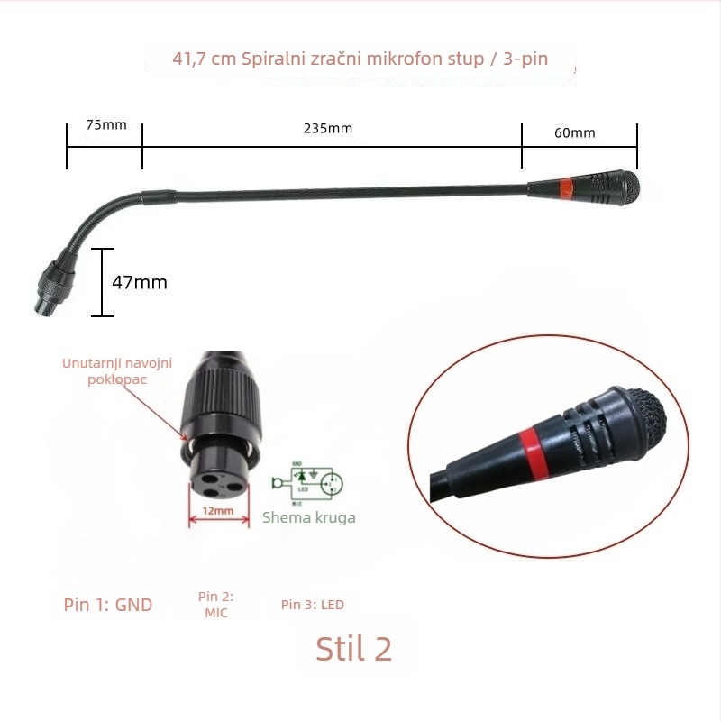Gooseneck konferencijski mikrofon s trojpinim četverokonduktorskim avionskim priključkom, kabelski, 20Hz-20kHz, SNR ≥70dB