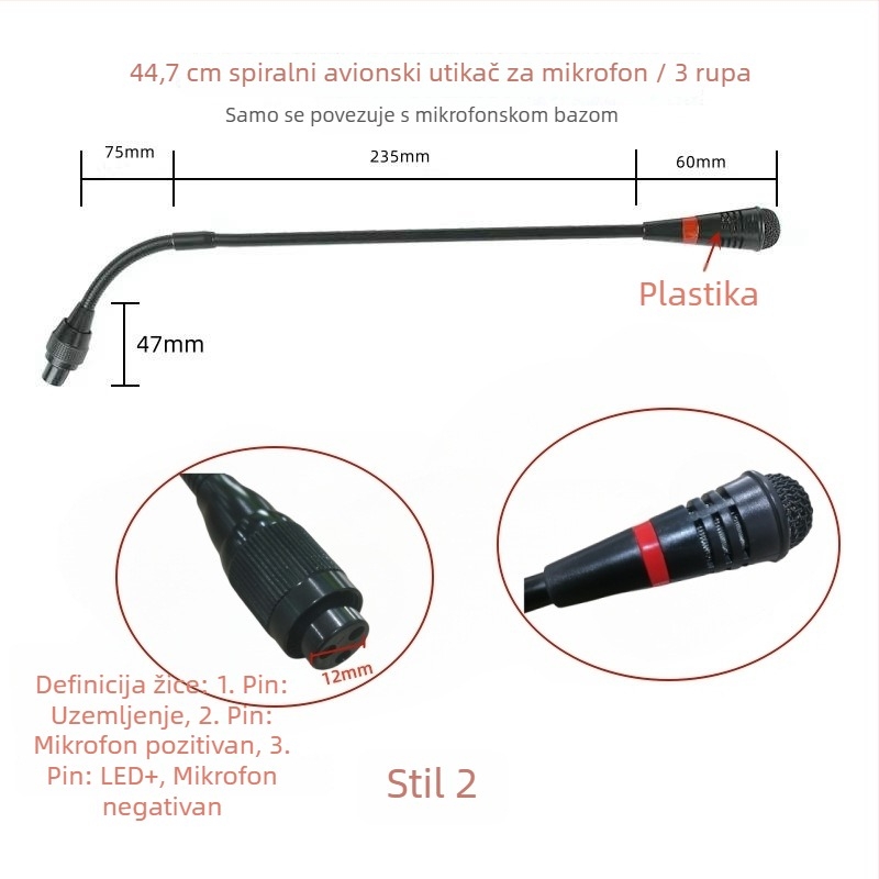 Gooseneck konferencijski mikrofon s trojpinim četverokonduktorskim avionskim priključkom, kabelski, 20Hz-20kHz, SNR ≥70dB