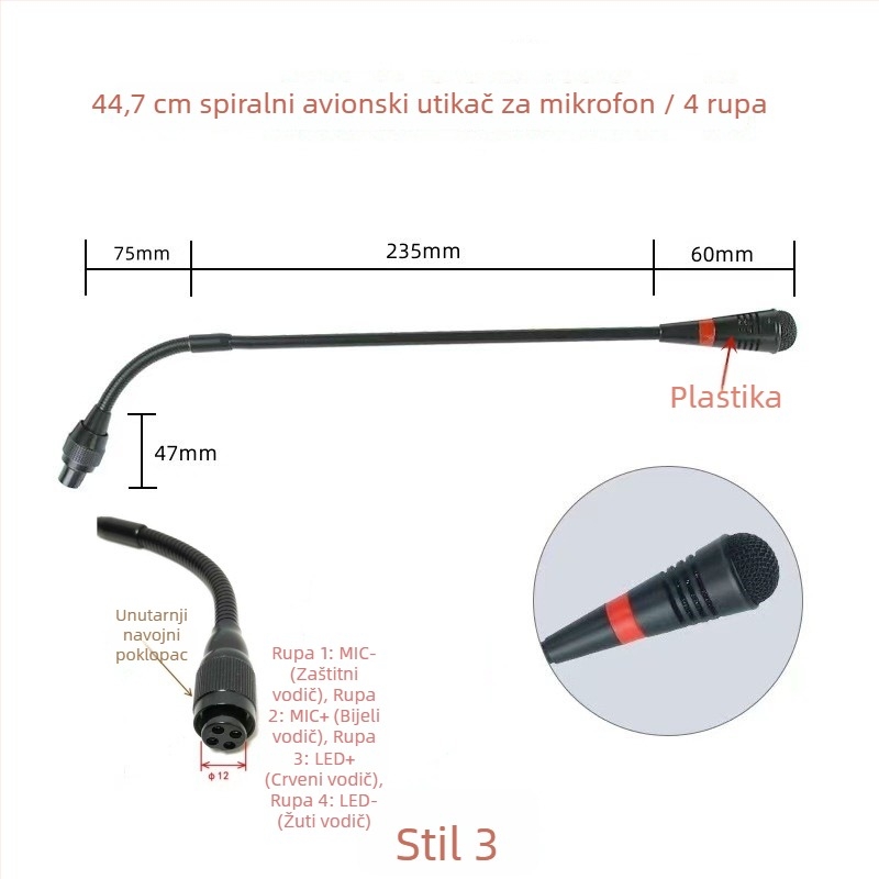 Gooseneck konferencijski mikrofon s trojpinim četverokonduktorskim avionskim priključkom, kabelski, 20Hz-20kHz, SNR ≥70dB