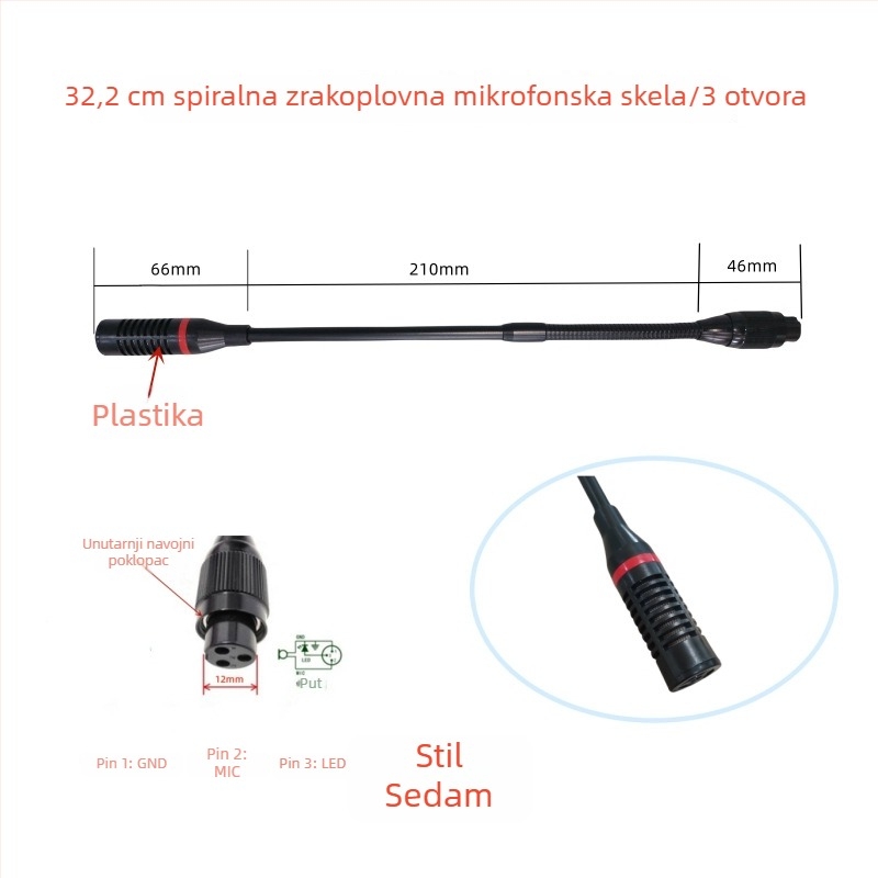 Gooseneck konferencijski mikrofon s trojpinim četverokonduktorskim avionskim priključkom, kabelski, 20Hz-20kHz, SNR ≥70dB
