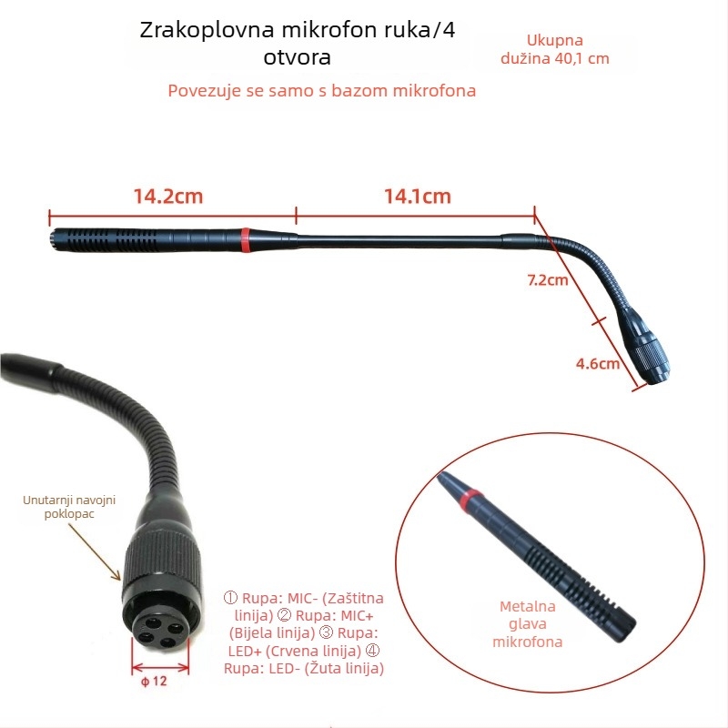 Gooseneck konferencijski mikrofon s trojpinim četverokonduktorskim avionskim priključkom, kabelski, 20Hz-20kHz, SNR ≥70dB