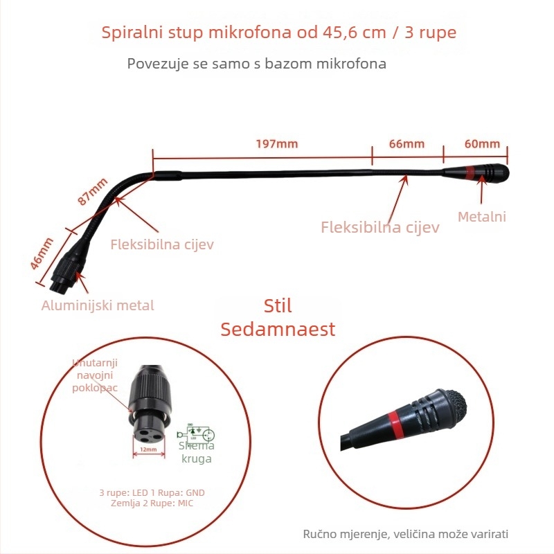 Gooseneck konferencijski mikrofon s trojpinim četverokonduktorskim avionskim priključkom, kabelski, 20Hz-20kHz, SNR ≥70dB