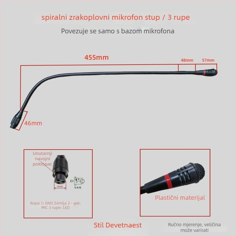 Gooseneck konferencijski mikrofon s trojpinim četverokonduktorskim avionskim priključkom, kabelski, 20Hz-20kHz, SNR ≥70dB
