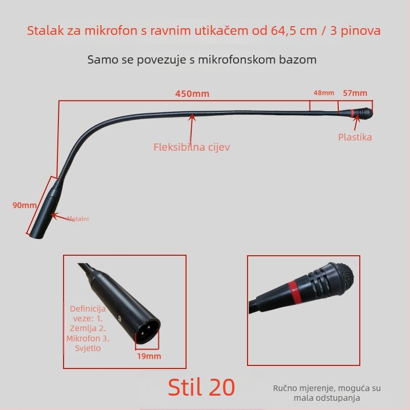 Gooseneck konferencijski mikrofon s trojpinim četverokonduktorskim avionskim priključkom, kabelski, 20Hz-20kHz, SNR ≥70dB