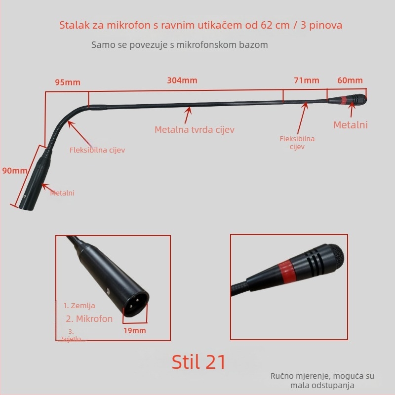 Gooseneck konferencijski mikrofon s trojpinim četverokonduktorskim avionskim priključkom, kabelski, 20Hz-20kHz, SNR ≥70dB