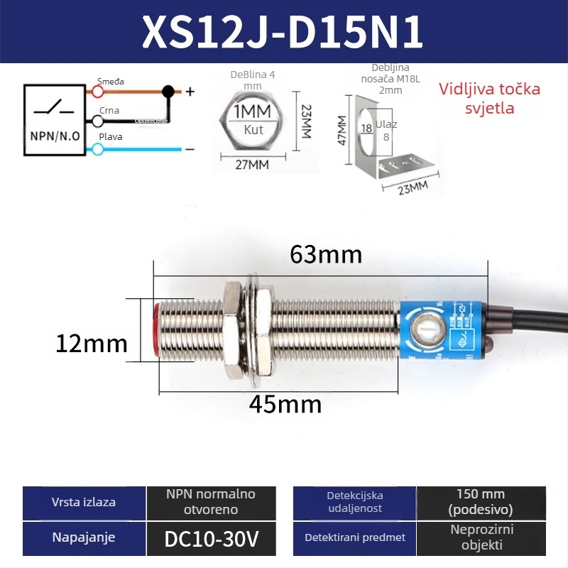 M18 laserski senzor SYM18J-D50N1 difuzni infracrveni fotoelektrični prekidač, IP66