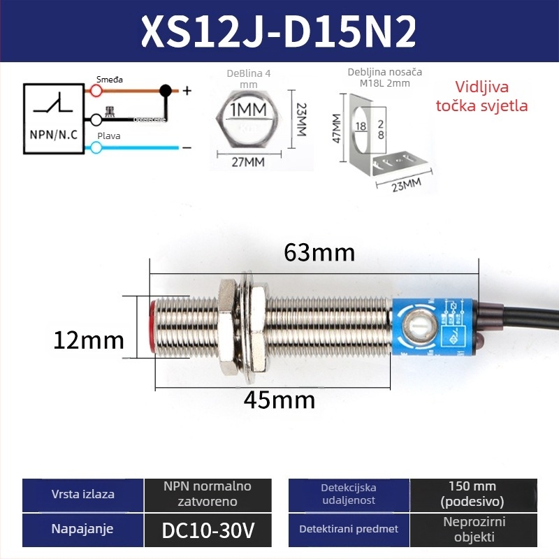 M18 laserski senzor SYM18J-D50N1 difuzni infracrveni fotoelektrični prekidač, IP66