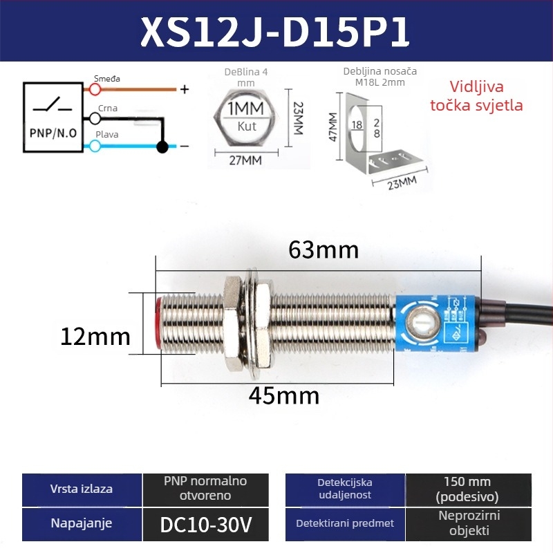 M18 laserski senzor SYM18J-D50N1 difuzni infracrveni fotoelektrični prekidač, IP66