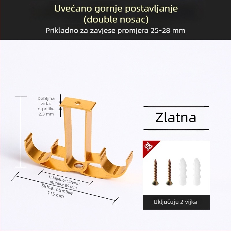 Držač za zavjese, aluminijska legura, rimski štapić, zidni, dvostruki štapić