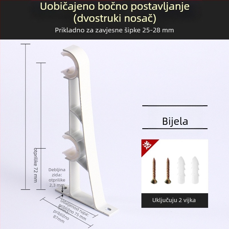 Držač za zavjese, aluminijska legura, rimski štapić, zidni, dvostruki štapić