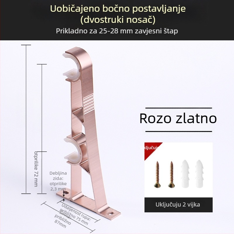 Držač za zavjese, aluminijska legura, rimski štapić, zidni, dvostruki štapić