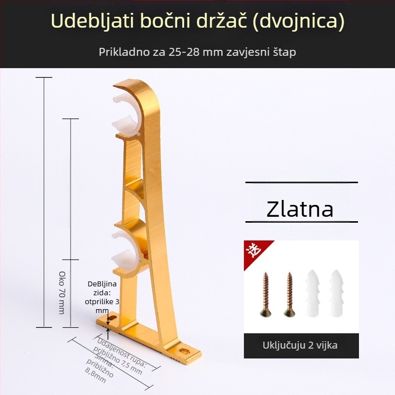 Držač za zavjese, aluminijska legura, rimski štapić, zidni, dvostruki štapić
