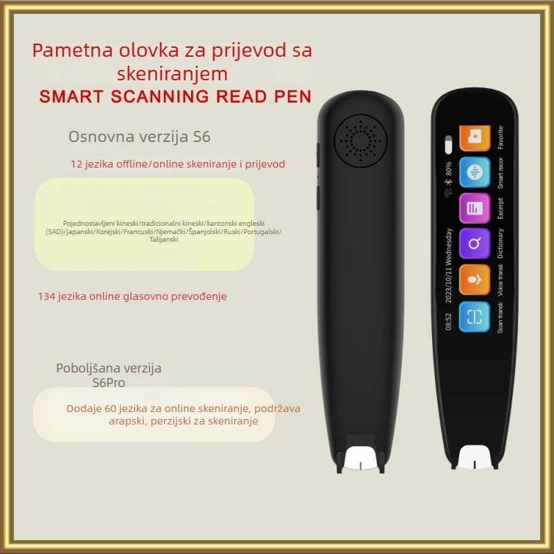 Inteligentna višenamjenska skenirajuća olovka s prevoditeljem — offline prijevod, Bluetooth, domet 10 m, način rada gumb/touch/skeniranje, skeniranje prijevoda, glasovni online prijevod, snimanje prijevoda