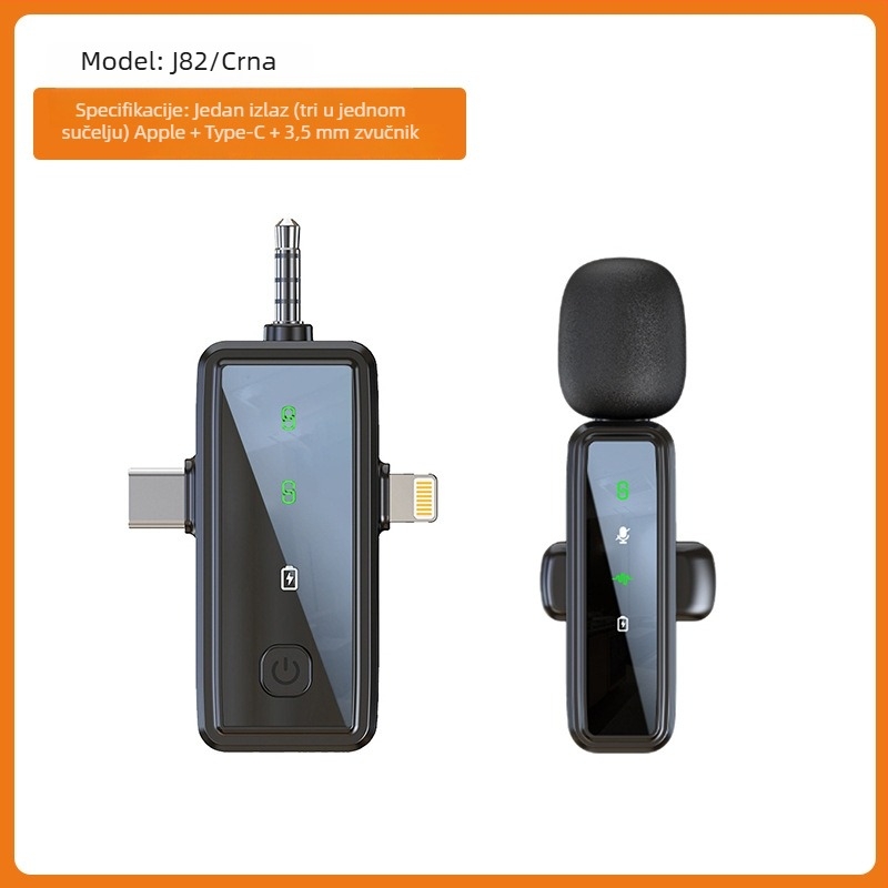 Lavalier mikrofonski sustav J86, Bluetooth 5.1, 2-kanalan, frekvencijski raspon 20 Hz–20 kHz, ugrađena baterija 50–100 mAh, trajanje 6–8 h, 3-u-1 za telefon, kameru i zvuk