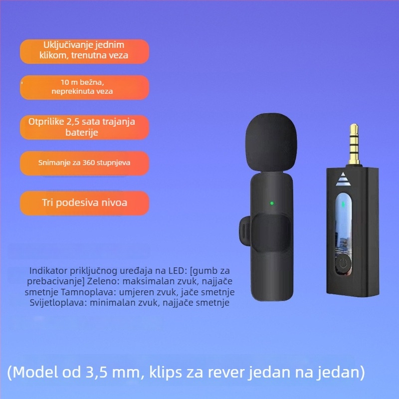 Lavalier mikrofon s klipsom – dinamička kapsula, redukcija šuma, model K35, SNR ≥70 dB, preklopna usmjerenost