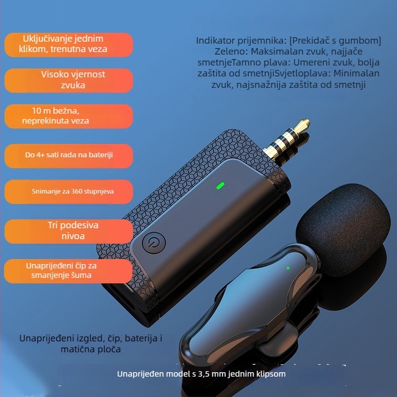 Lavalier mikrofon s klipsom – dinamička kapsula, redukcija šuma, model K35, SNR ≥70 dB, preklopna usmjerenost