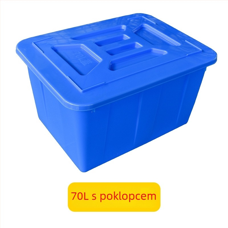 Akvakulturna plastična vodena posuda, PE, injekcijskim formiranjem, visoke čvrstoće, s poklopcem i mogućnošću kotačića; unutarnje dimenzije 950×720×660 mm; debljina stijene 4 mm; nosivost 50 kg; neto težina 9,8 kg