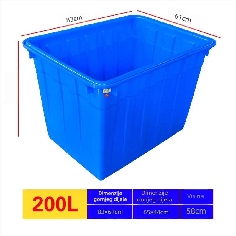 Akvakulturna plastična vodena posuda, PE, injekcijskim formiranjem, visoke čvrstoće, s poklopcem i mogućnošću kotačića; unutarnje dimenzije 950×720×660 mm; debljina stijene 4 mm; nosivost 50 kg; neto težina 9,8 kg