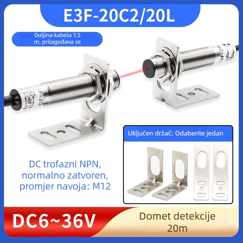 Laserski IR optoelektronički prekidač preko zrake, domet 20 m, 12 V ulaz, 1 μs odziv, IP65
