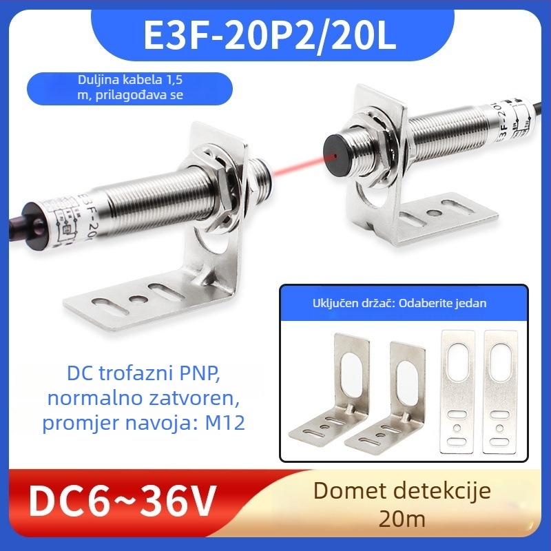 Laserski IR optoelektronički prekidač preko zrake, domet 20 m, 12 V ulaz, 1 μs odziv, IP65