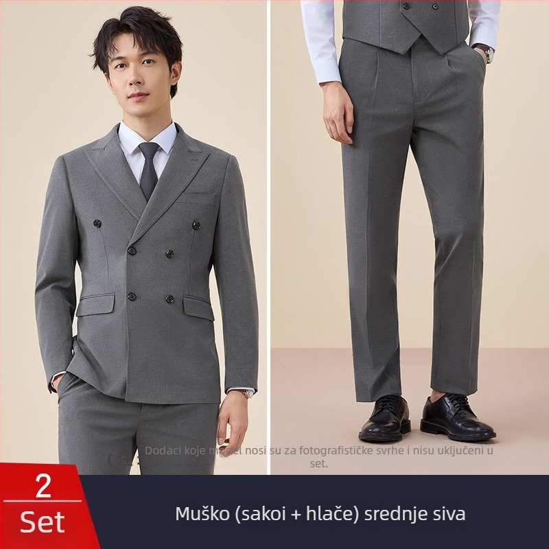 Muški dvostruko kopčani kostim, uski kroj, plosak rever, stražnji središnji otvor, poliester 67,8%