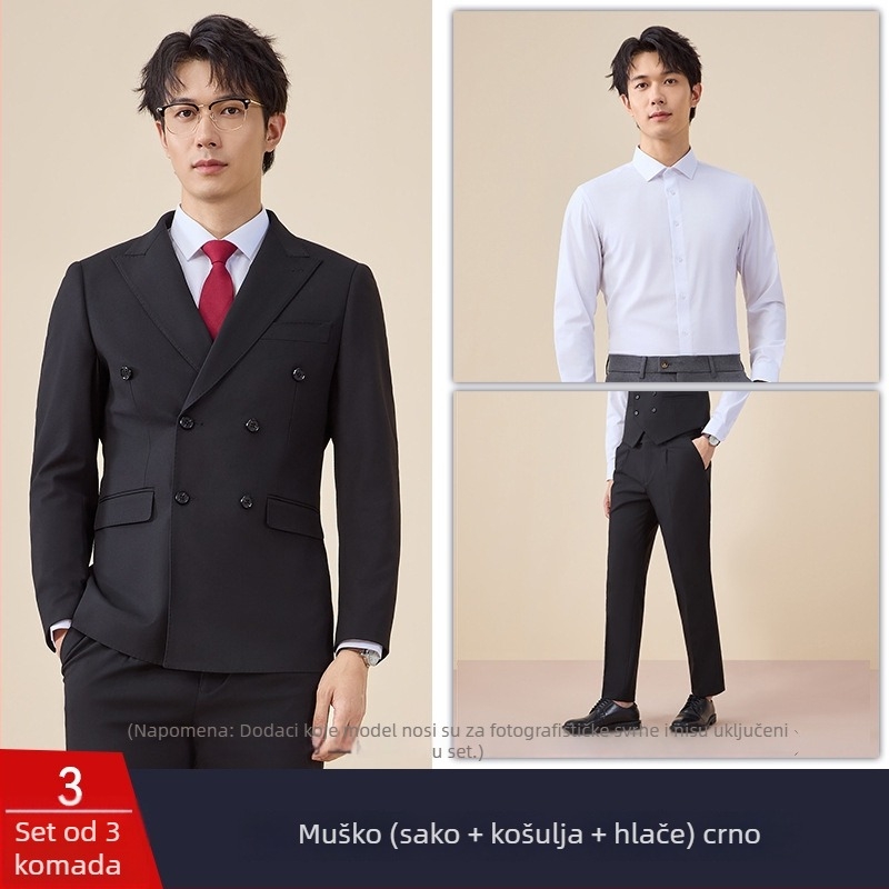 Muški dvostruko kopčani kostim, uski kroj, plosak rever, stražnji središnji otvor, poliester 67,8%