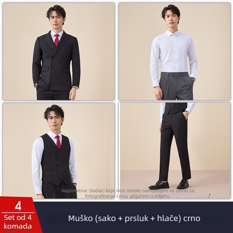 Muški dvostruko kopčani kostim, uski kroj, plosak rever, stražnji središnji otvor, poliester 67,8%