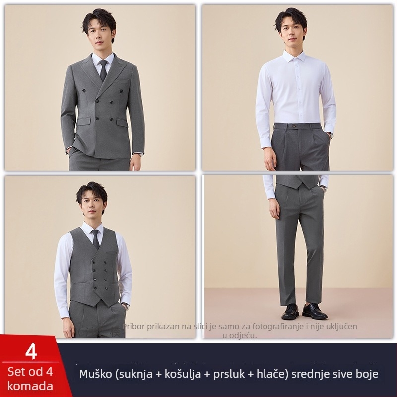 Muški dvostruko kopčani kostim, uski kroj, plosak rever, stražnji središnji otvor, poliester 67,8%