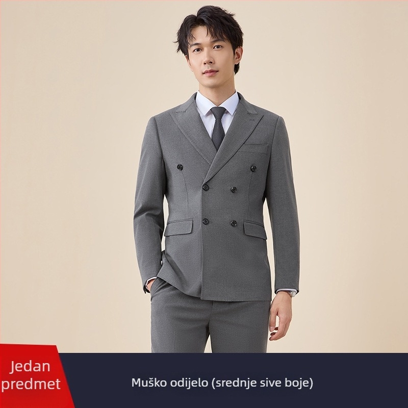 Muški dvostruko kopčani kostim, uski kroj, plosak rever, stražnji središnji otvor, poliester 67,8%