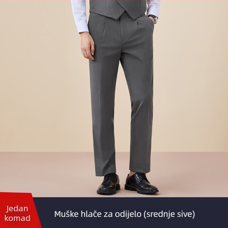 Muški dvostruko kopčani kostim, uski kroj, plosak rever, stražnji središnji otvor, poliester 67,8%
