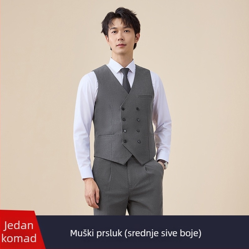 Muški dvostruko kopčani kostim, uski kroj, plosak rever, stražnji središnji otvor, poliester 67,8%