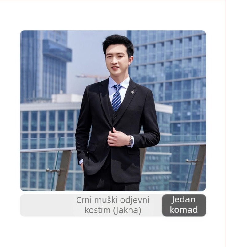 Dvodijelni poslovni formalni odijelo, uski kroj, plosati rever, dvostruko kopčanje, smjesa poliestera i viskoze, središnjistražnji šav