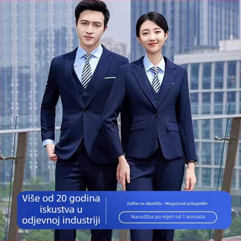 Dvodijelni poslovni formalni odijelo, uski kroj, plosati rever, dvostruko kopčanje, smjesa poliestera i viskoze, središnjistražnji šav