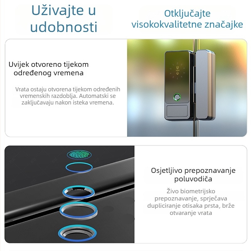 Brava za staklena vrata s otiskom prsta – Model C83C, aluminijska konstrukcija, panel i ručka: akrilni panel + aluminijski spoj, komercijalna upotreba, moderan minimalistički stil