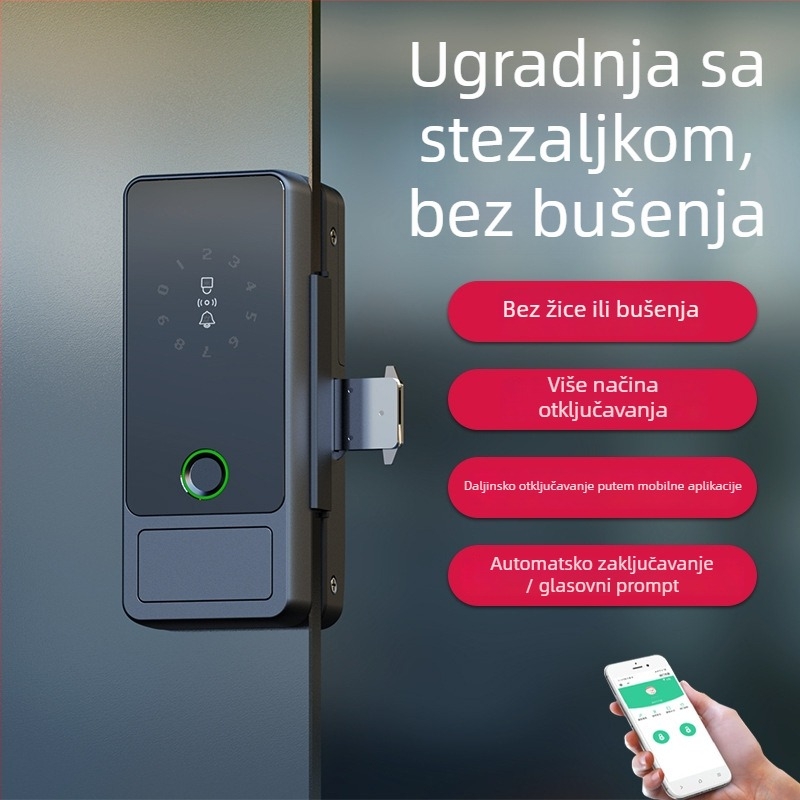 Brava za staklena vrata s otiskom prsta – Model C83C, aluminijska konstrukcija, panel i ručka: akrilni panel + aluminijski spoj, komercijalna upotreba, moderan minimalistički stil
