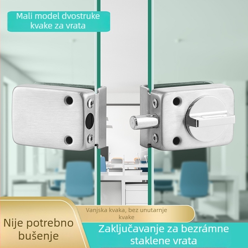 Dvostruka brava za staklena vrata od nehrđajućeg čelika, bezokvirna staklena vrata, srednji mehanizam zaključavanja, moderan minimalistički dizajn, montaža bez bušenja