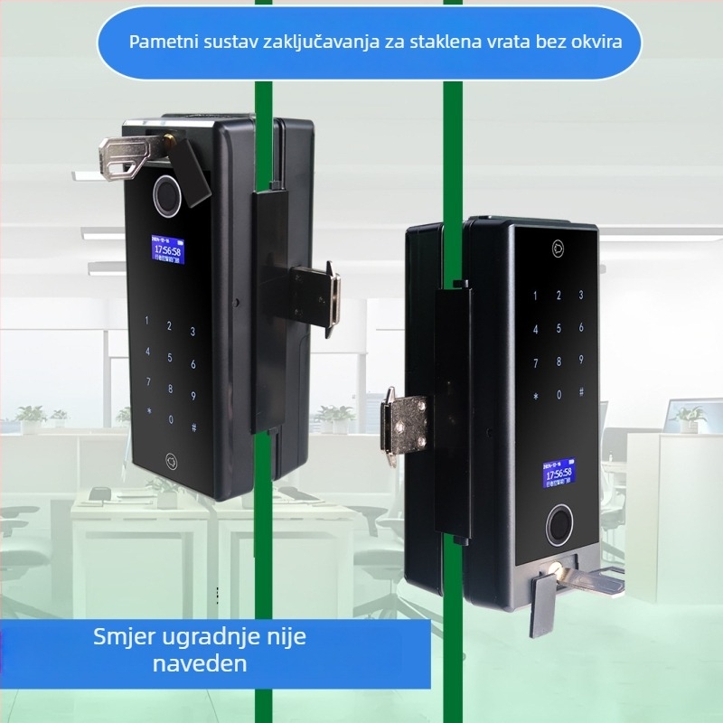 Pametni zaključav za kancelarske staklene vrata bez okvira s otiskom prsta, lozinkom, karticom i ključem; jedno ili dvostruko otvaranje; elektronički zaključavac