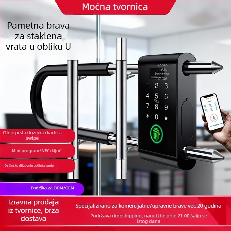Brava za staklena vrata s otiskom prsta i lozinkom – s okvirima ili bez okvira, za jednodrža i dvokrila vrata, model ZL718, materijal ABS+legura