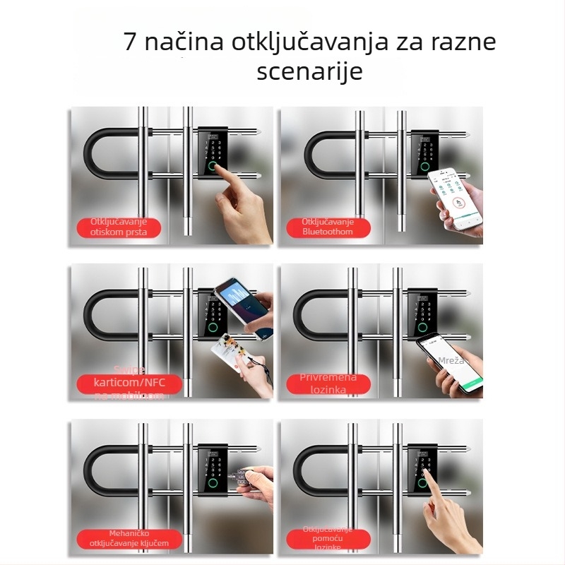Brava za staklena vrata s otiskom prsta i lozinkom – s okvirima ili bez okvira, za jednodrža i dvokrila vrata, model ZL718, materijal ABS+legura
