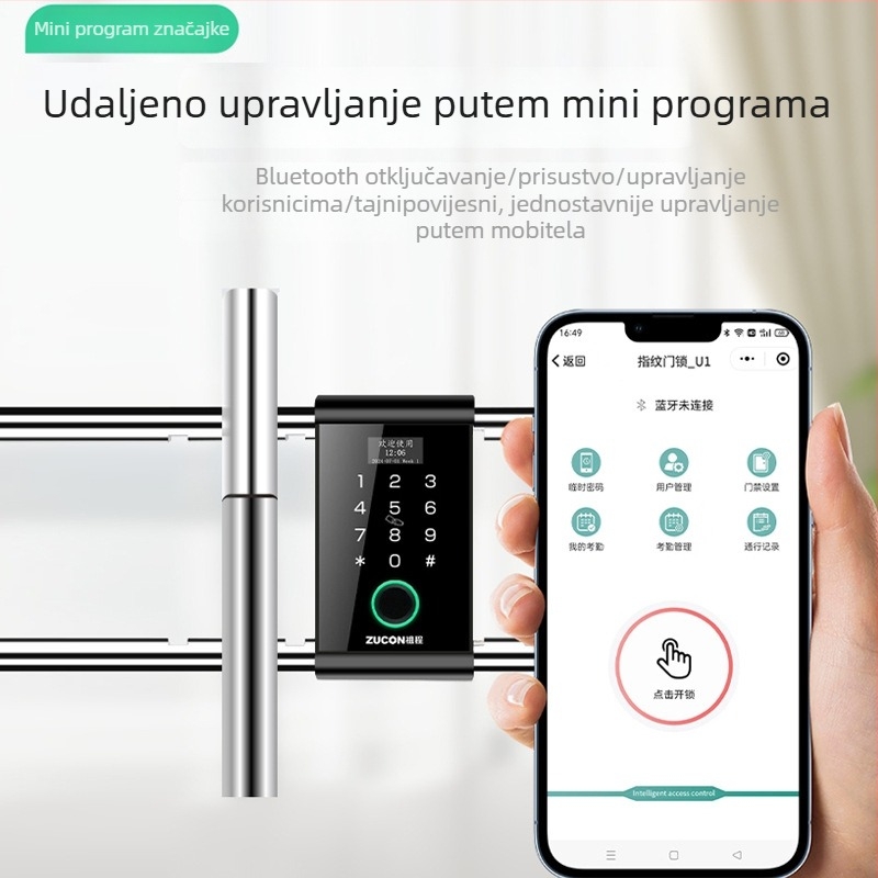 Brava za staklena vrata s otiskom prsta i lozinkom – s okvirima ili bez okvira, za jednodrža i dvokrila vrata, model ZL718, materijal ABS+legura