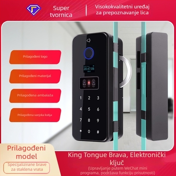 Pametni sigurnosni mehanizam za uredska staklena vrata s prepoznavanjem lica, otiskom prsta, lozinkom i ključem - Model 109b, plastični prednji panel + metalno stražnje kućište; kompatibilan s bezokvirnim i okvirnim jednoslojnim ili dvostrukim vratima; mod