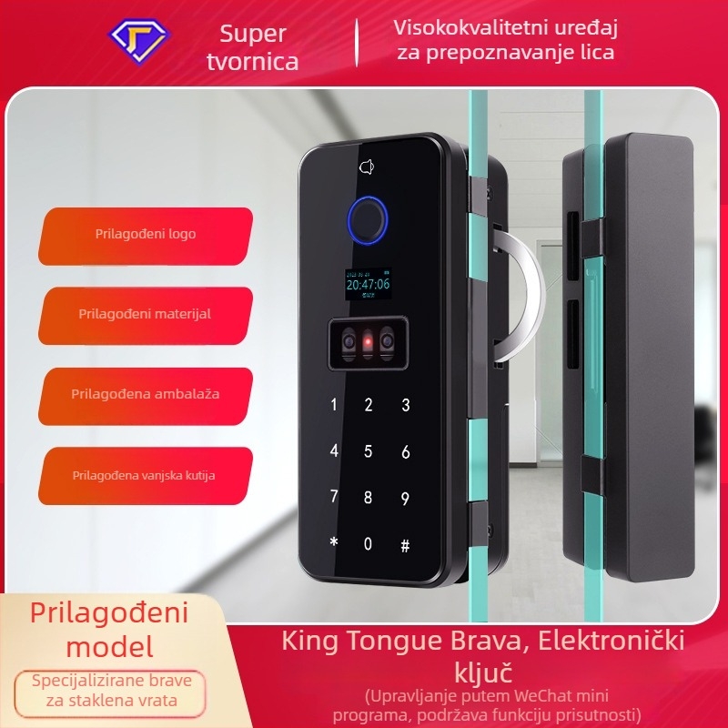 Pametni sigurnosni mehanizam za uredska staklena vrata s prepoznavanjem lica, otiskom prsta, lozinkom i ključem - Model 109b, plastični prednji panel + metalno stražnje kućište; kompatibilan s bezokvirnim i okvirnim jednoslojnim ili dvostrukim vratima; mod