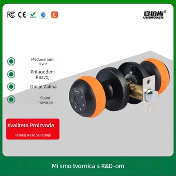 Sferična pametna brava za drvena vrata — unutarnji pristup lozinkom i ključem, DC napajanje, model 530-DZML, 15 otisaka prstiju, >100000 otključavanja, skeniranje 0,01 s, radna temperatura -20 do 60°C